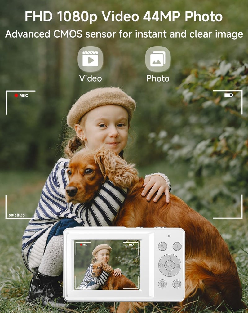 SMARTKLIK Digital Camera for Kids, FHD 1080P 44MP Point and Shoot Digital Camera with Face Detect, Smile Capture, 18X Zoom, 20 Filters, Anti Shake, 32GB SD Card White Compact Vintage Camera for Kids Boys Girls - Image 2